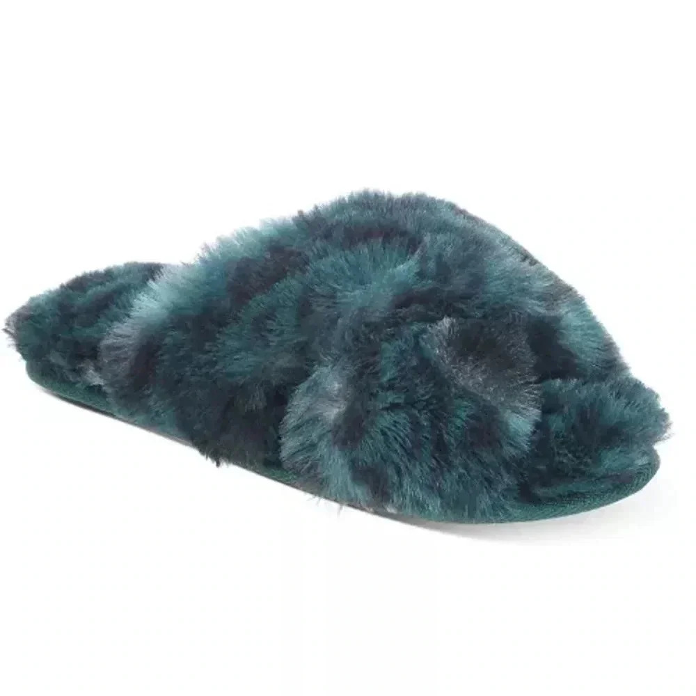 Women's Crisscross Faux Fur Slide Boxed Slippers Jenni Green Multi Sz L 9/10
